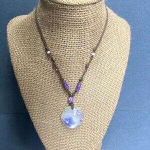Resin Dome Pendant Necklace 13 In Polymer Clay Purple Flowers Moonstone Boho 70s